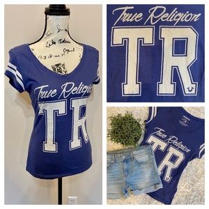 True Religion Bling Logo V Neck Tee Short Sleeve Rhinestone Crystal T Shirt Blue